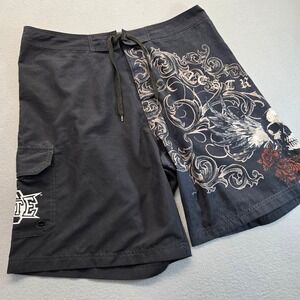 MMA Elite Mens Board Shorts Black Skull Roses Filigree Graphic Swim Trunks 36